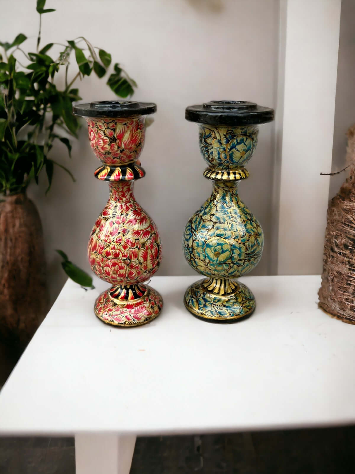 Hand-painted paper mache vases in red and blue, perfect for Christmas decor, lightweight and decorative.